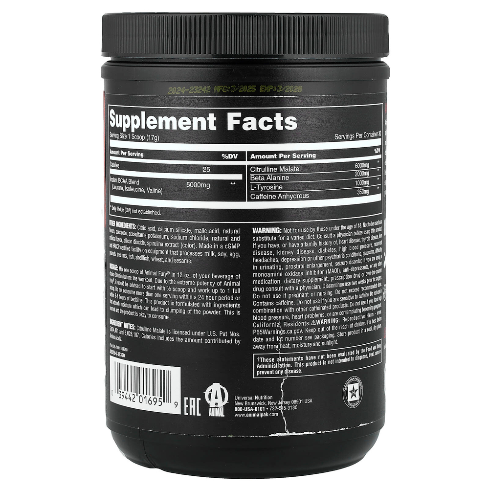 Animal, Fury® Essentials, предтренировочный комплекс, киви и лайм, 510 г (17,98 унции)