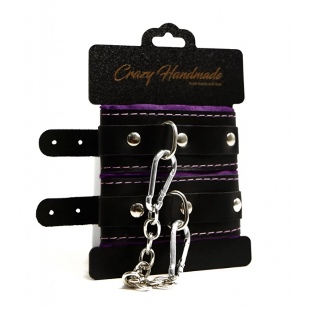 Наручники скругленные черные с мягкой фиолетовой подкладкой