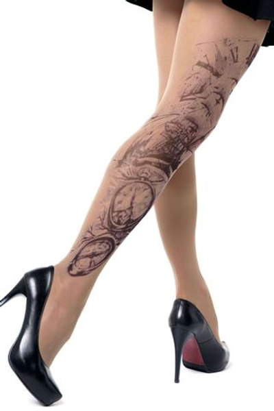 Колготки +size с рисунком-тату на морскую тематику (Размер: XL-XXL-XXXL) (Цвет: бежевый)