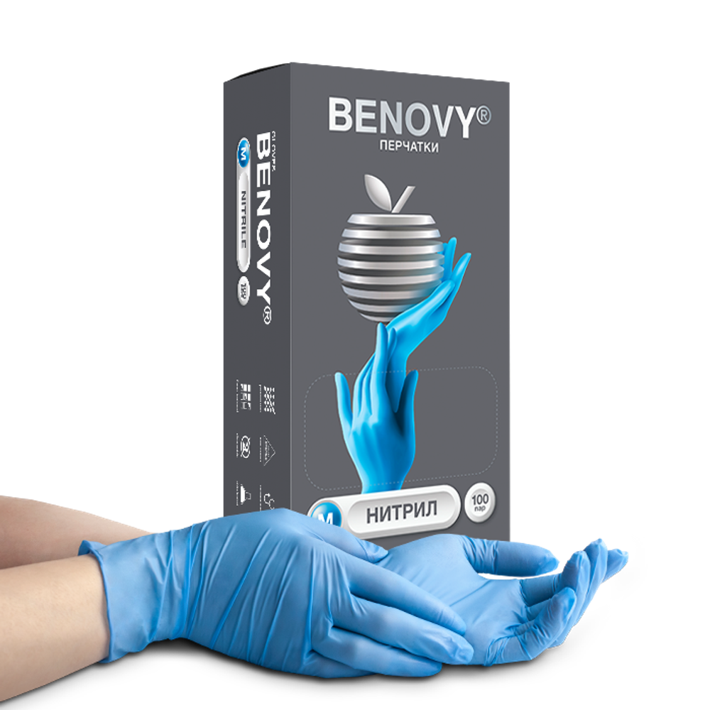 Перчатки BENOVY нитр. тескст. на пальцах нестер.,голубые р.S №100 ЧЗ