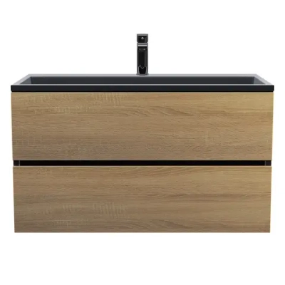 Тумба с раковиной Uperwood Barsa 90 см, раковина черная глянцевая, подвесная тумба черная/дуб сонома
