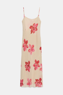 ZARA ПЛАТЬЕ МИДИ С ЦВЕТОЧНЫМ ПРИНТОМ СО СБОРКАМИ, РАЗНОЦВЕТНЫЙ