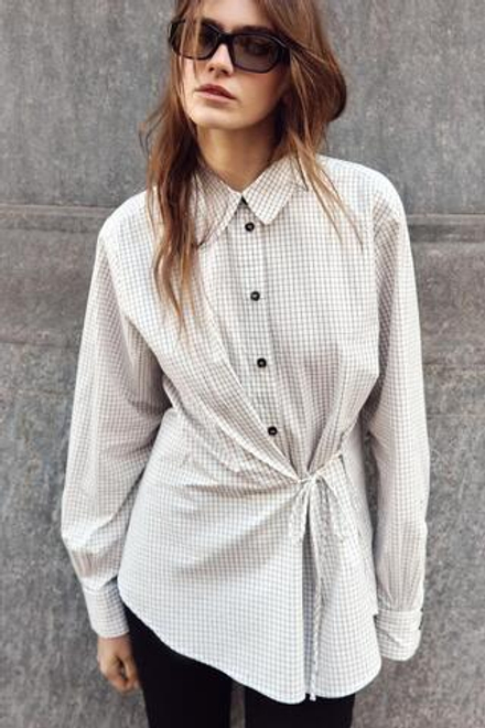 ZARA РУБАШКА В КЛЕТКУ С БАНТОМ, КОРИЧНЕВЫЙ/БЕЛЫЙ