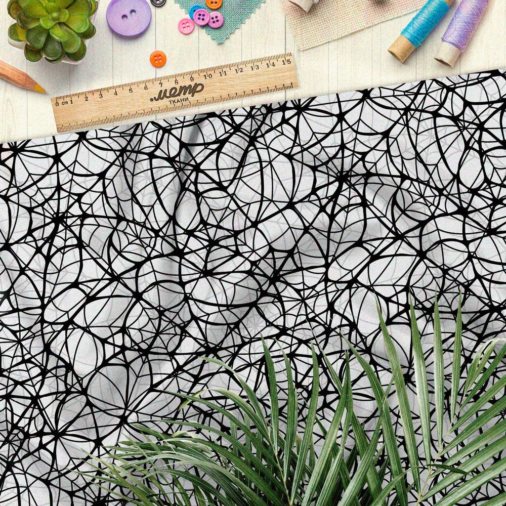 Ткань шифон мелкая чёрная паутина на белом фоне