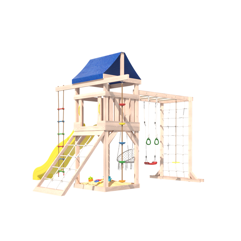 Детская площадка Fun Land неокрашенная с модулем сетка-рукоход, мини сеткой, подвесным креслом и качелями