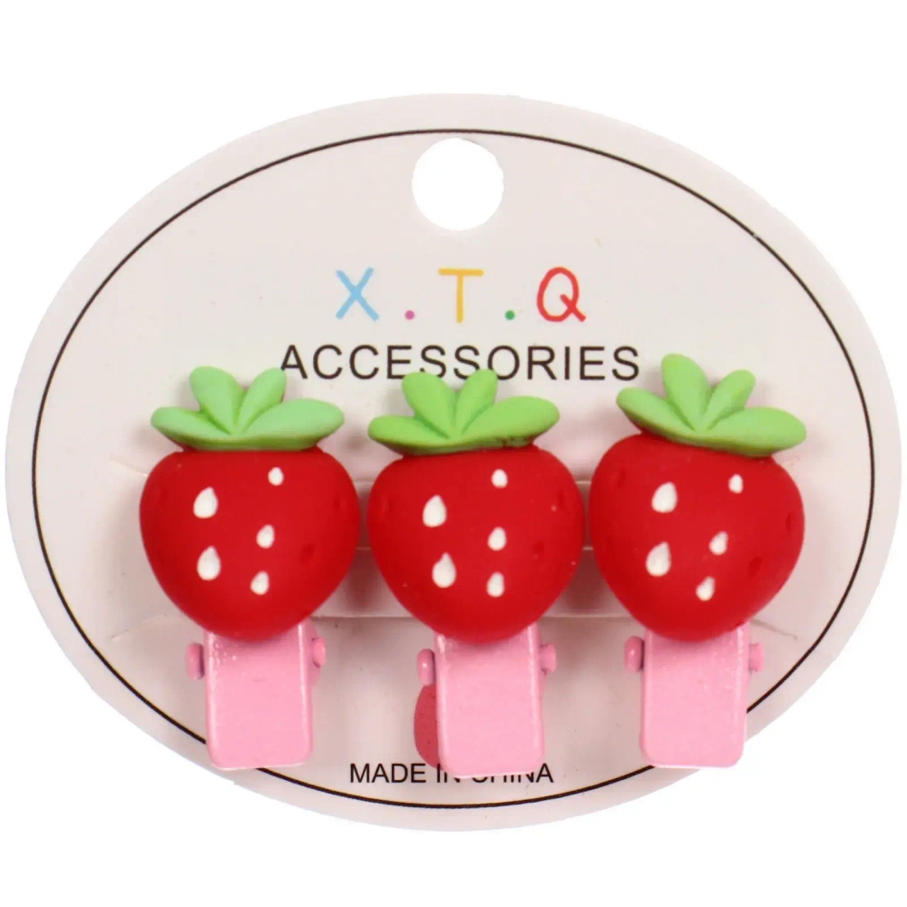 Зажимы для волос детские 3шт «РОЗОВОЕ ОБЛАКО», клубнички, 2.5см (блистер и пакет с подвесом)