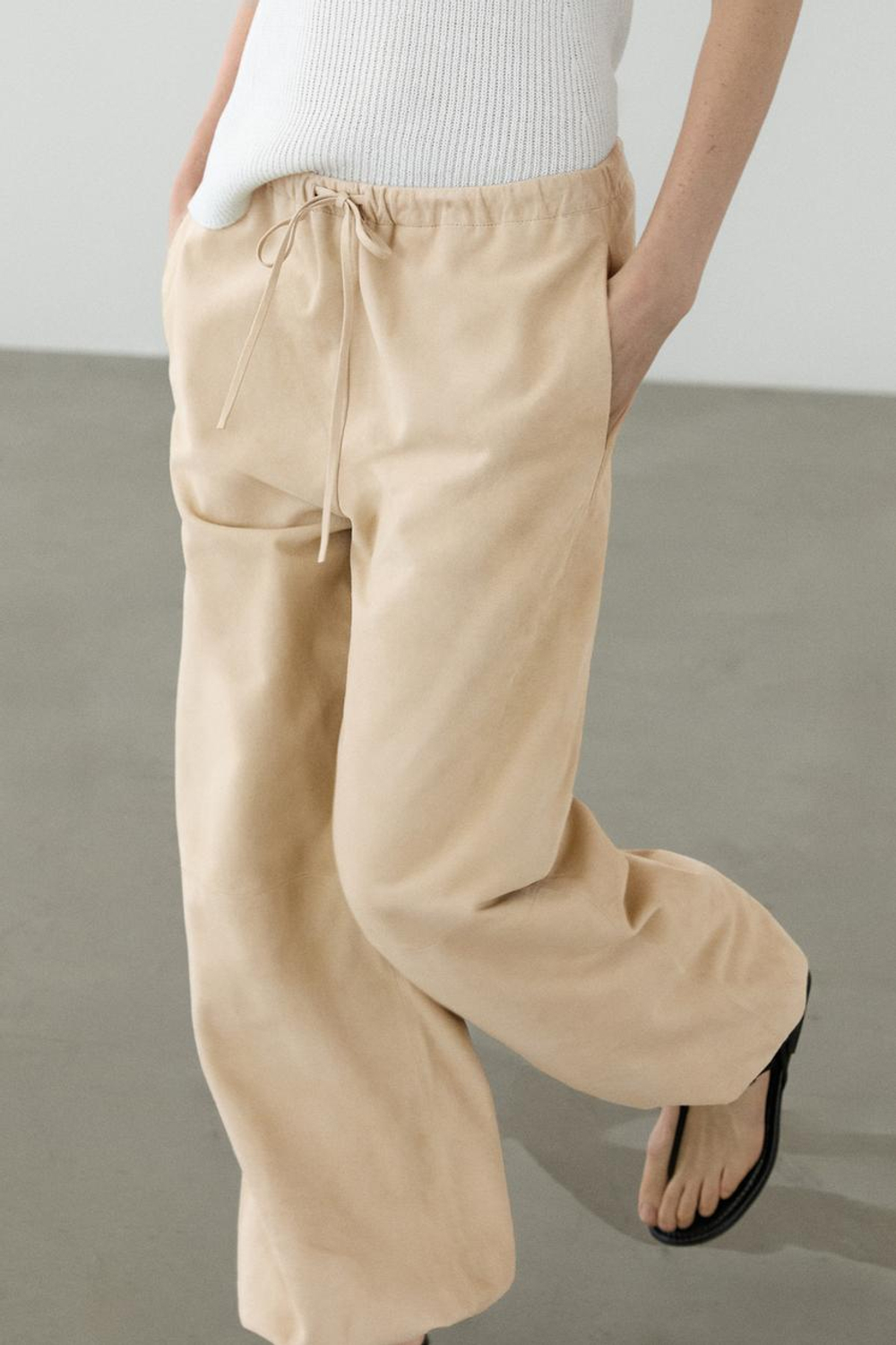 Massimo Dutti Замшевые кожаные брюки-саруэль, ванильный