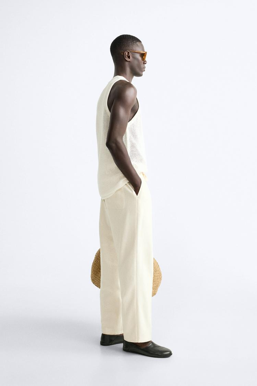 ZARA МАЙКА ИЗ ТРИКОТАЖА НА БРЕТЕЛЯХ, ЭКРЮ