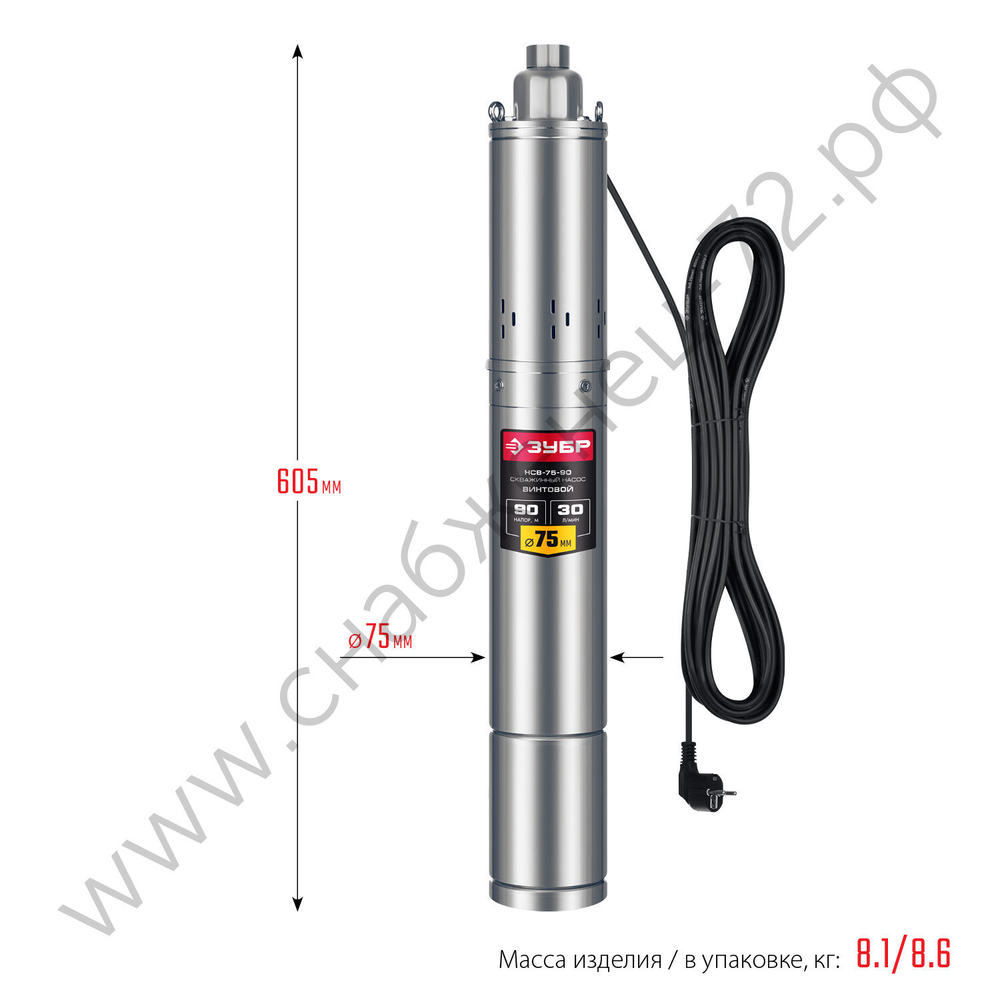 ЗУБР 550 Вт, 90 м напор, скважинный насос винтовой, корпус из нержавеющей стали (НСВ-75-90)