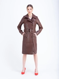 Тренч длинный кожаный с поясом плащ на весну