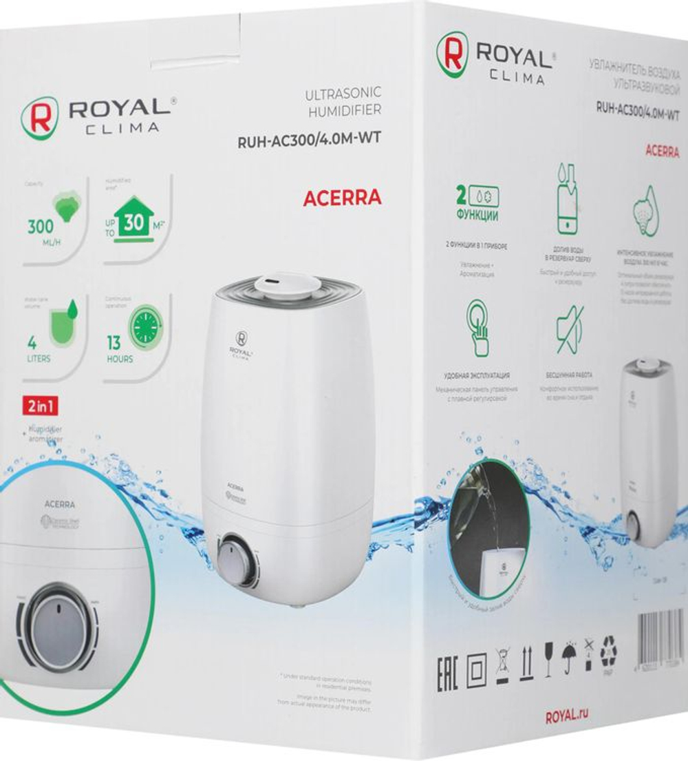 Увлажнитель воздуха ультразвуковой Royal Clima RUH-AC300/4.0M-WT,  4л,  белый/серый