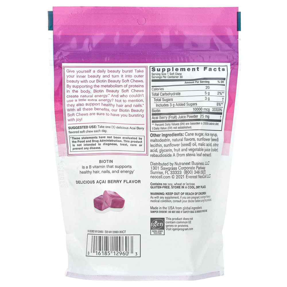 NeoCell, Biotin Bursts, вкус ягод асаи, 10 000 мкг, 30 жевательных таблеток