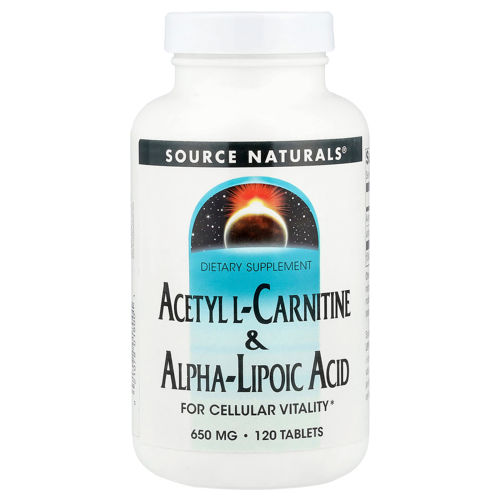Source Naturals, Ацетил L-карнитин и альфа-липоевая кислота, 650 мг, 120 таблеток