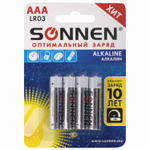Батарейки комплект 4 шт. SONNEN Alkaline AAA (LR03 24А) алкалиновые мизинчиковые в блистере (12 штук в упаковке)