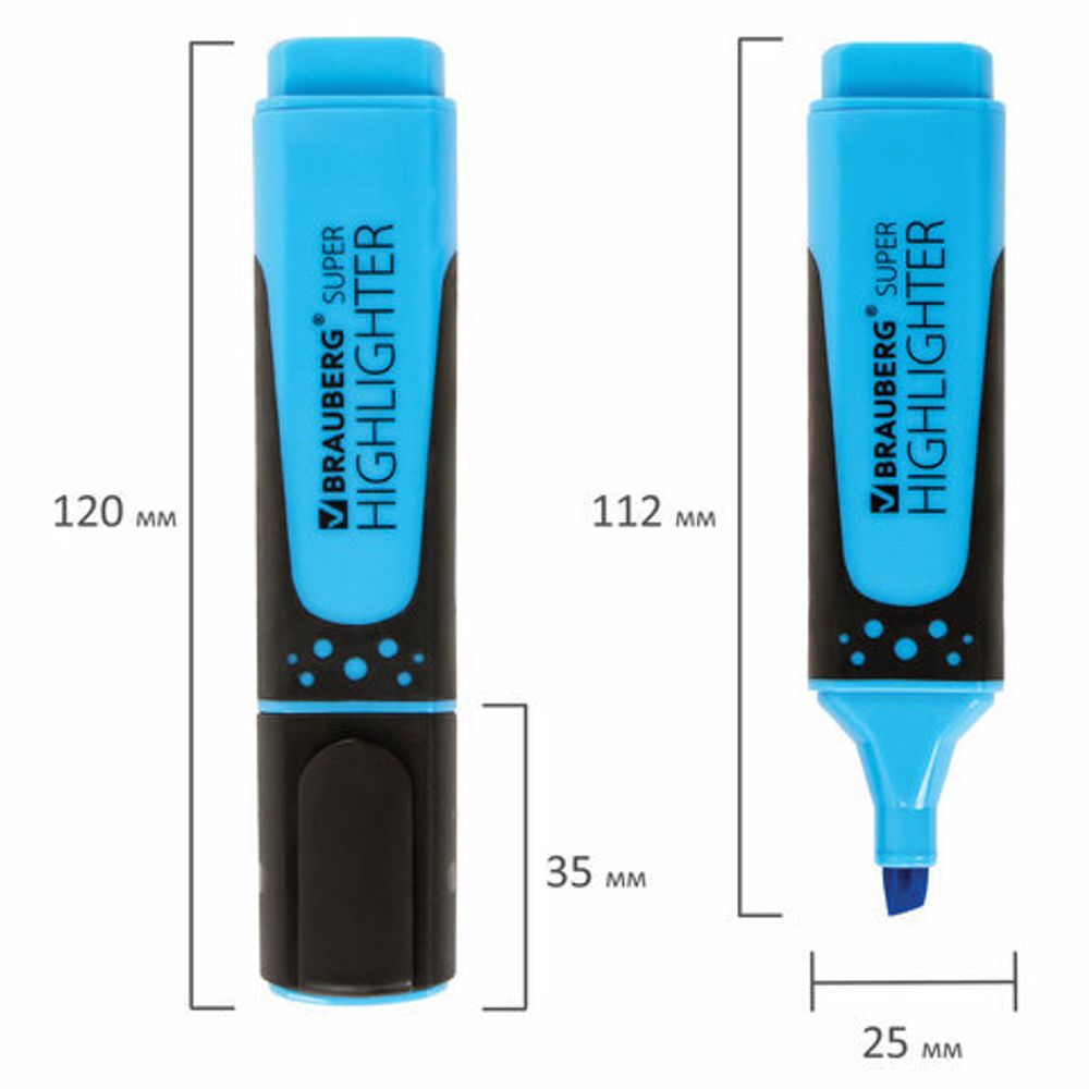 Текстовыделитель BRAUBERG "SUPER", ГОЛУБОЙ, прорезиненный корпус, линия 1-5 мм, 151742