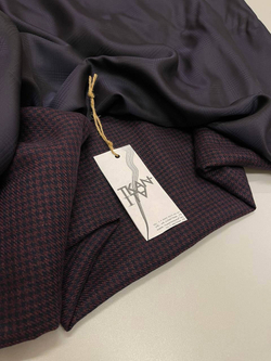 Костюмно-плательная смесовая шерсть со льном и шелком (Ermenegildo Zegna, 55%шерсть/30%лен/15%шелк, Бордово-синяя мелкая гусиная лапка, 150, 238 гр/м2)