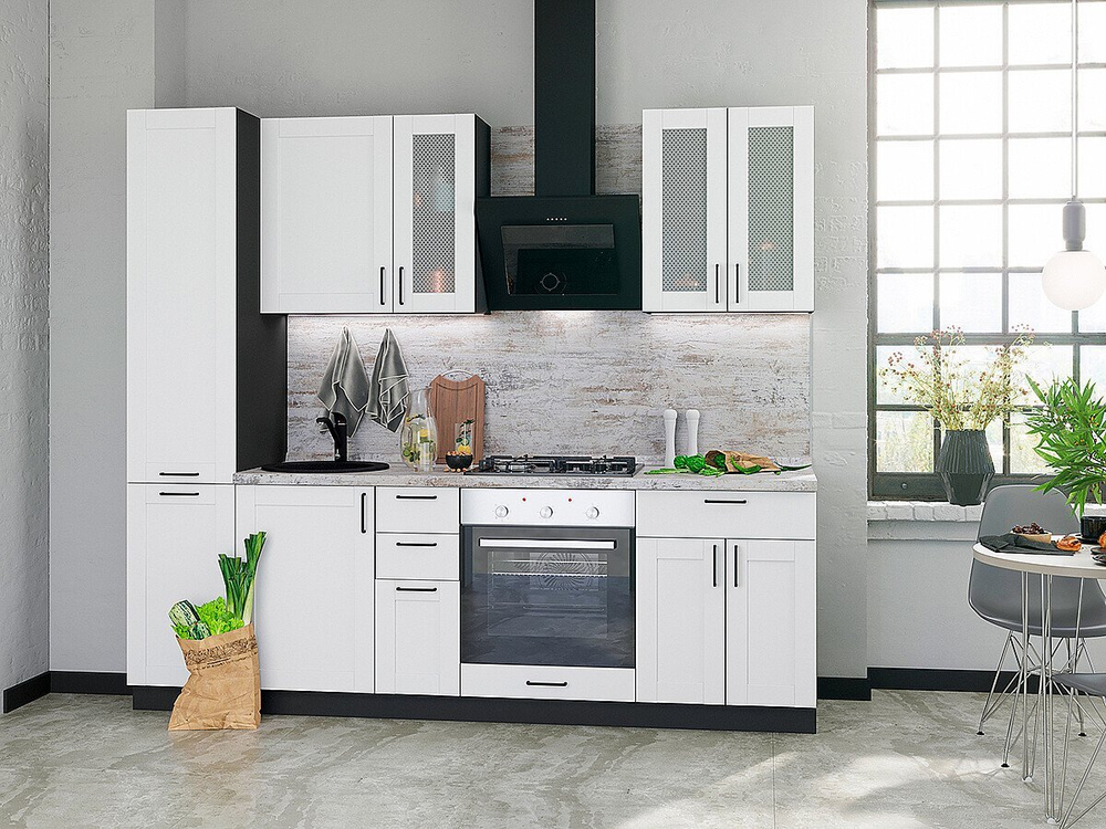 Прямая модульная кухня Лофт-02 Super White - Graphite 2140*2400*600