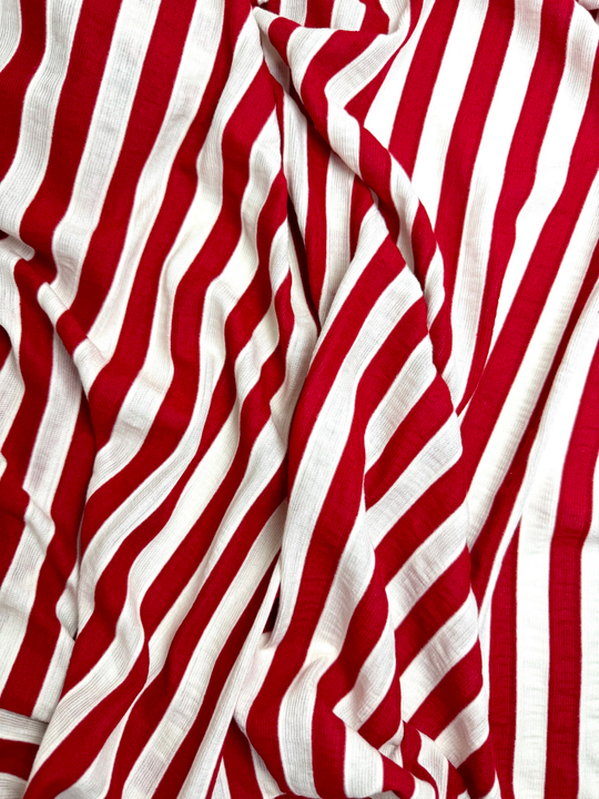 Трикотаж вискоза принт полоска молочный/красный VT#46