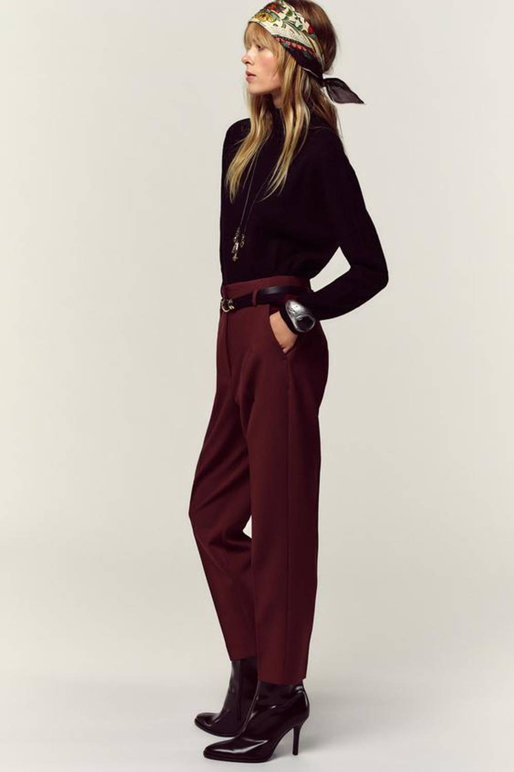 ZARA БРЮКИ С ВЫСОКОЙ ПОСАДКОЙ И РЕМНЕМ, БУРГУНДИ
