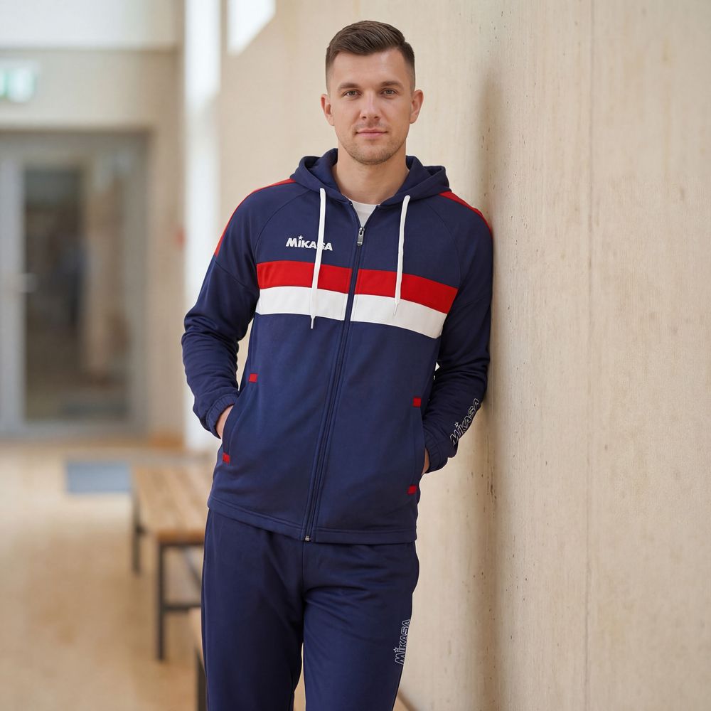 Костюм спорт. муж. с капюш. MIKASA MT550/701-083-XL, р. XL, 100% полиэстер, темносине-белый