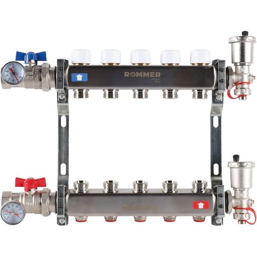Коллектор Rommer 1"x3/4" на 5 контуров с запорными клапанами в сборе (нерж. сталь) RMS-3210-000005