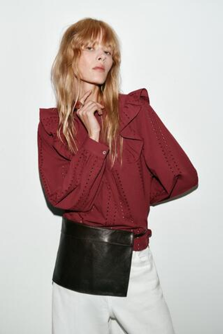 ZARA БЛУЗА В РОМАНТИЧЕСКОМ СТИЛЕ С АЖУРНОЙ ВЫШИВКОЙ, БОРДОВЫЙ
