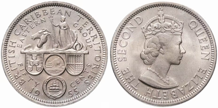 Восточные Карибы 50 центов, 1955 Королева Елизавета II VF