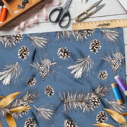 Ткань кулирная гладь эскизы шишек и хвойных веток на синем фоне