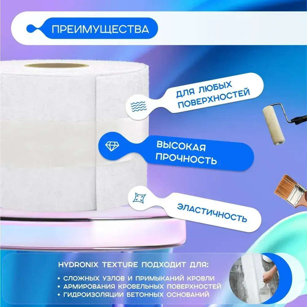 Гидроизоляционная лента Hydronix Texture - армирующая ткань для защиты от протечек. Гидроизоляция для ванны, кровли и любой поверхности. Используется совместно с жидкой резиной и мастикой