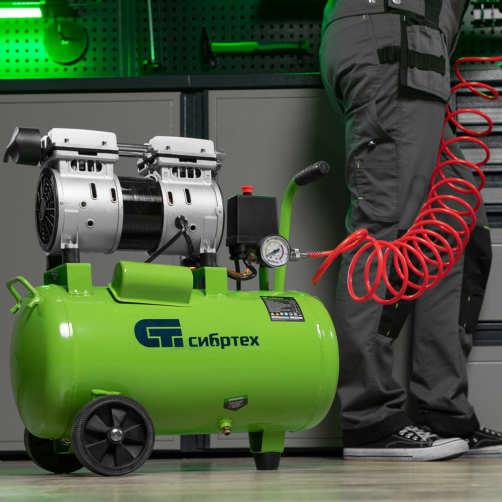 Компрессор безмаслянный малошумный МБ 1100/24,1100 Вт, 24 л, 170 л/мин Сибртех