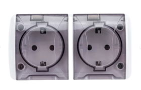Двойная розетка TDM ELECTRIC 2П+3 открытой установки IP54 16А с прозрачной крышкой белая "Селигер" SQ1818-0009