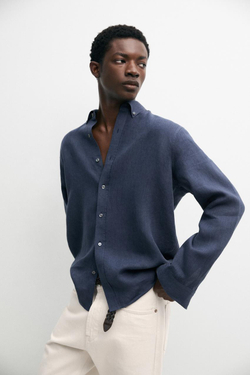 Massimo Dutti Рубашка из 100% льна, стандартного кроя, синий