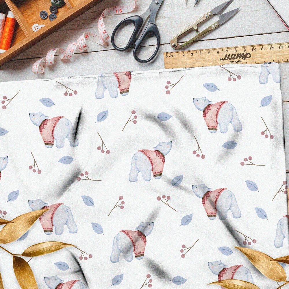 Ткань кулирная гладь белые медвежата в свитере