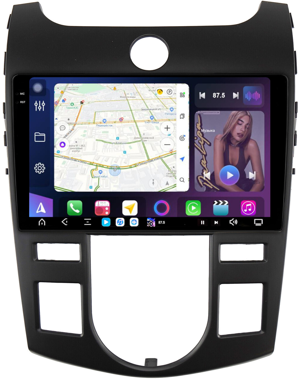 Магнитола для KIA Cerato 2 2008-2013 (климат, рамка черная) - FarCar XXL9-7093CLB монитор 9.5" 2K QLED на Android 14, TS20, 8+256Гб, CarPlay, 4G SIM-слот