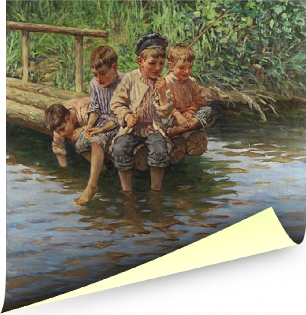 Четыре мальчика на пристани рыбалки, художник Богданов-Бельский, картина Настене.рф