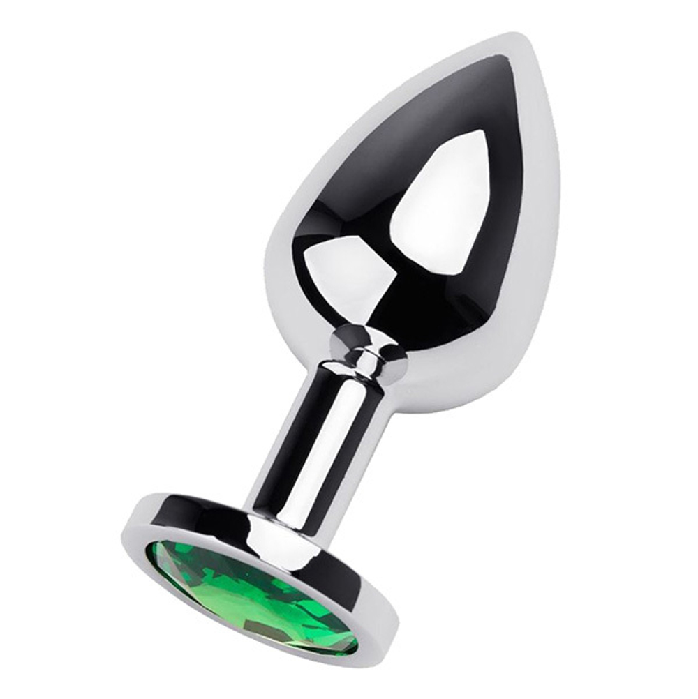 Серебристая коническая анальная пробка 8см с зеленым кристаллом ToyFa Metal 717002-7