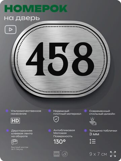 Номерок на дверь квартиры 458, для кабинета, офиса, шильдик 9 х 7 см, брашированная сталь, Айдентика Технолоджи