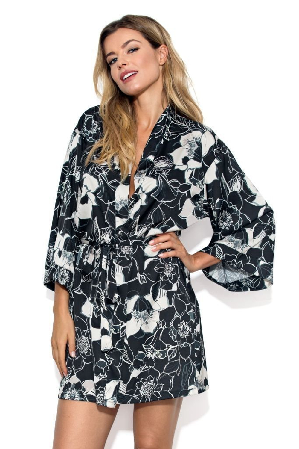 Халат-кимоно Filipa с цветочным принтом (Размер: M) (Цвет: черный с бежевым)