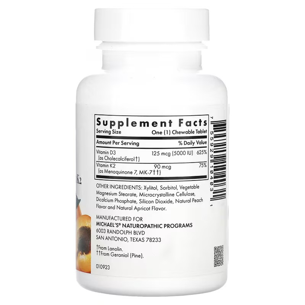 Michael's Health, витамин D3, с витамином K2, вкус абрикоса, 5000 мкг, 90 вегетарианских жевательных таблеток
