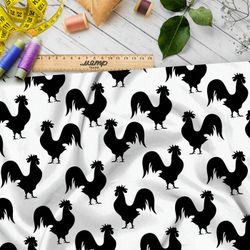 Ткань премиум габардин силуэты петухов на белом