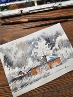 Картина авторская акварельная в паспарту 21*30 см на стену для интерьера "Зима"