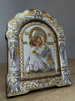 Владимирская БМ, икона арочная с рамкой под стеклом, красное дерево 167х228