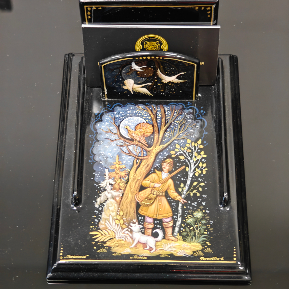 Подставка для блока для записей ручной росписью Палех "Охотник"