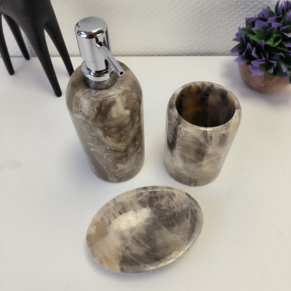 Набор из оникса 3 предм Grey NO-63228 дозатор, стаканчик, мыльница 151