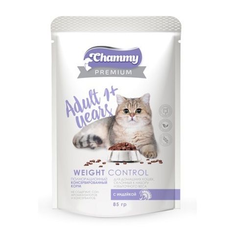 Chammy Premium влажный корм для домашних кошек склонных к набору веса с индейкой