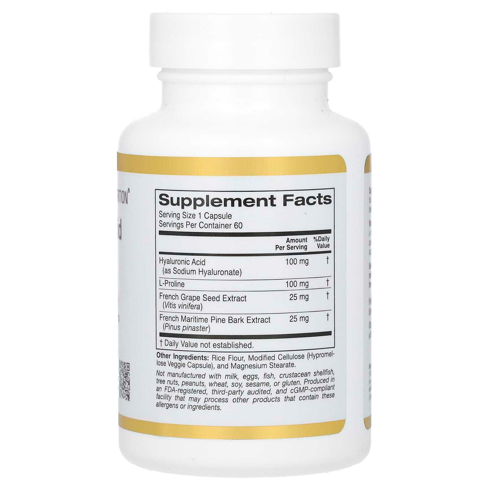 California Gold Nutrition, комплекс гиалуроновой кислоты с L-пролином, экстрактом косточек французского винограда и коры французской приморской сосны, 60 растительных капсул