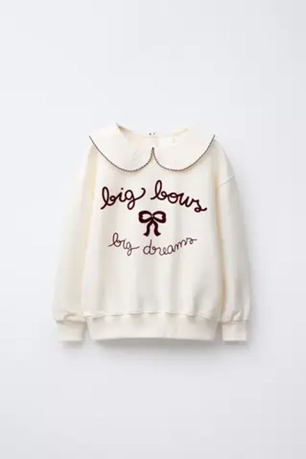 ZARA ТОЛСТОВКА С КРУГЛЫМ ВОРОТНИКОМ И ВЫШИВКОЙ, ЭКРЮ
