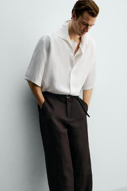ZARA ЖАККАРДОВАЯ РУБАШКА BOXY FIT В ПОЛОСКУ, БЕЛЫЙ