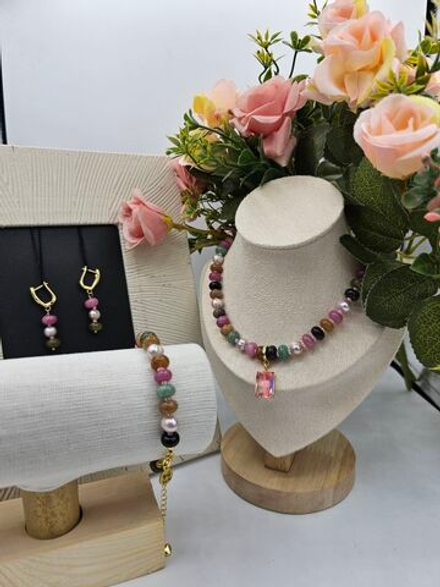 Комплект украшений авторский из Турмалина "Тропический закат". Колье и браслет.