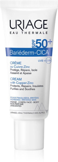 Uriage Bariederm Cica-Cream with Copper-Zinc SPF 50+ - обновляющий крем с содержанием меди и цинка SPF 50+ /   40  ml  / GTIN 3661434006548